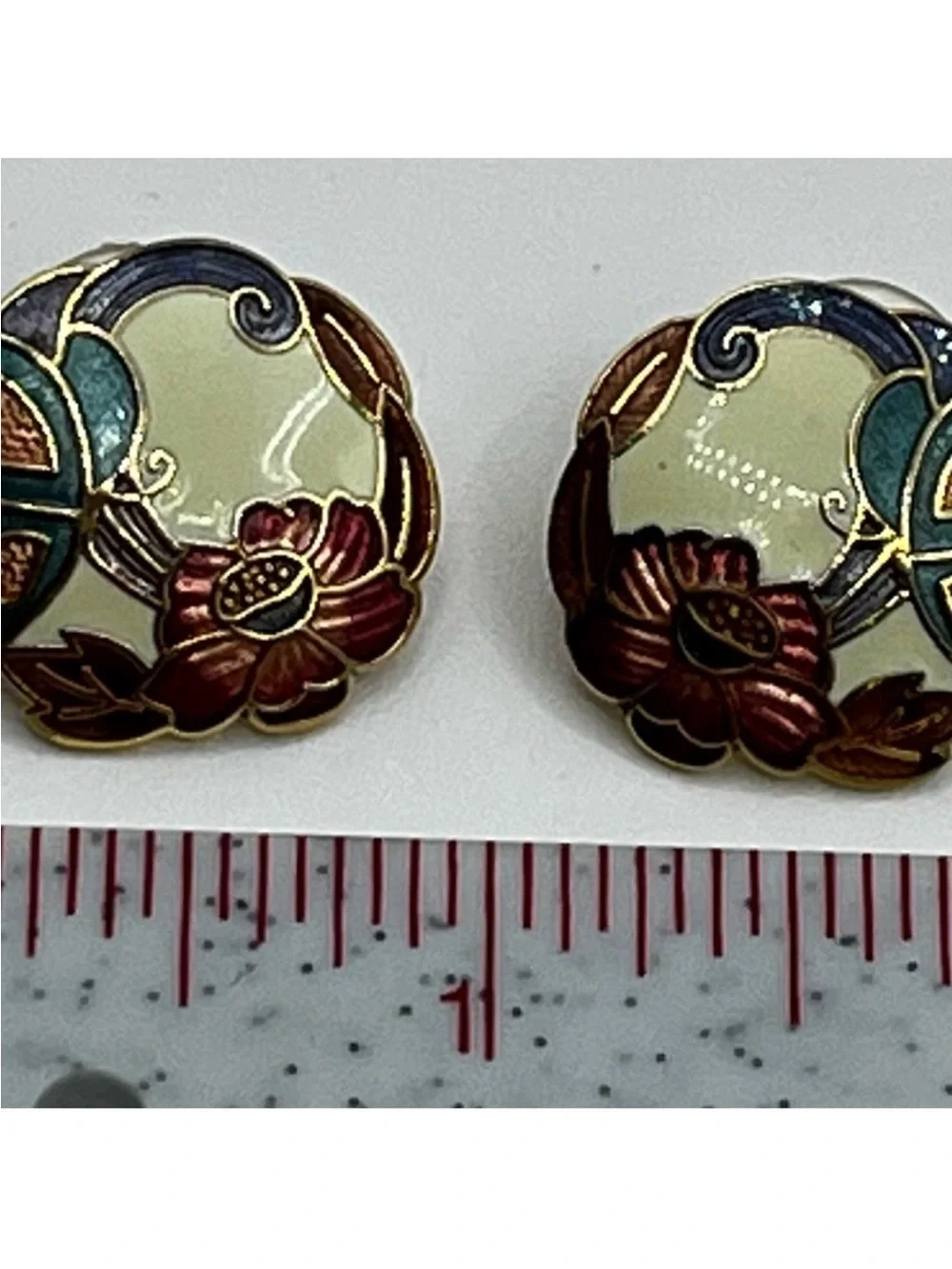 Vintage Chinese cloisonné enamel gold tone pierced earrings flower butterfly